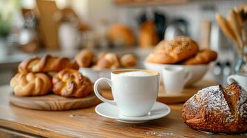 ai gegenereerd een croissant met een kop koffie in keuken . ai generatief foto