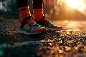 ai gegenereerd Mens foots vervelend sport schoenen jogging Aan straat.ai generatief foto