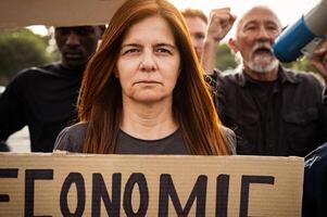 multiraciaal mensen protesteren tegen financieel crisis en globaal inflatie - economisch gerechtigheid activisme concept foto