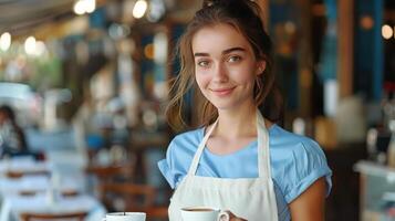 ai gegenereerd een jong mooi serveerster in een blauw jurk en schort is Holding een dienblad van koffie in haar handen foto