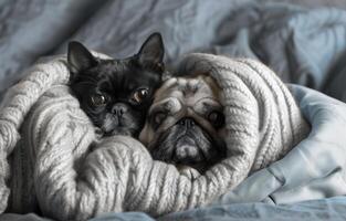 ai gegenereerd een mopshond hond in een hoofdkussen met een kat Aan het foto