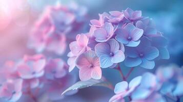 ai gegenereerd zacht focus bloemen achtergrond met hortensia bloemen een delicaat natuurlijk backdrop met pastel kleuren van licht blauw foto