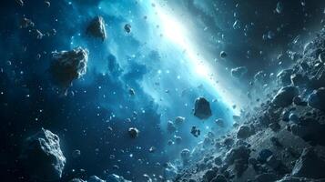 ai gegenereerd een Gevaar van ruimte exploratie en interplanetair reis, kosmisch tafereel in buitenste ruimte, waar asteroïden vlotter tegen diep blauw achtergrond. een veel van hemel- lichamen welke zijn gedetailleerd foto