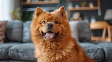 ai gegenereerd schattig chow chow hond zit en looks Bij de camera. detailopname. wazig modern leven kamer in de achtergrond foto