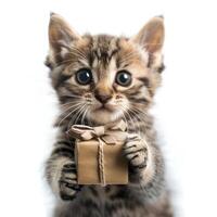 ai gegenereerd een schattig kat met groot ogen houdt een geschenk doos met een boog in zijn poten foto