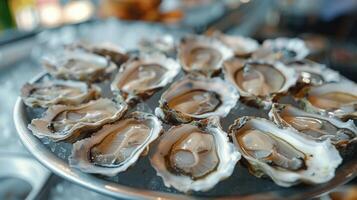 ai gegenereerd oesters liggen Aan glimmend metaal borden in een luxe restaurant foto