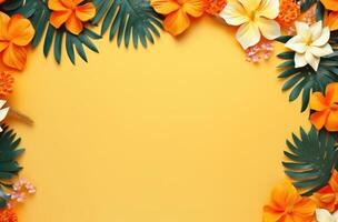 ai gegenereerd tropisch kader van tropisch bladeren Aan een geel achtergrond bloem achtergrond foto