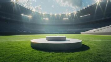 ai gegenereerd in de midden- van een stadion zit een podium, omsingeld door leeg stoelen en knippert van licht foto