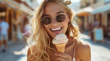 ai gegenereerd een jong hipster meisje met blond haar- geniet een smakelijk ijs room in de zomer warmte terwijl vervelend zonnebril foto