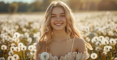 ai gegenereerd een mooi jong meisje in een licht linnen zonnejurk en lang blond haar- loopt door een veld- van paardebloemen en glimlacht foto