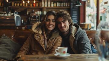 ai gegenereerd een jong mooi paar is zittend Aan een sofa in een klassiek koffie winkel in de centrum van stad foto