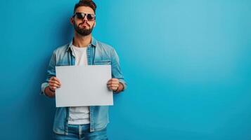 ai gegenereerd een jong knap Mens in een denim overhemd en jeans staat Aan de links Aan een blauw en minimalistisch achtergrond foto