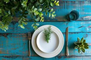 ai gegenereerd blauw en wit avondeten tafel instelling met bord en planten foto