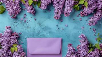 ai gegenereerd een leeg Purper envelop met voorjaar lila bloemen tegen blauw. foto