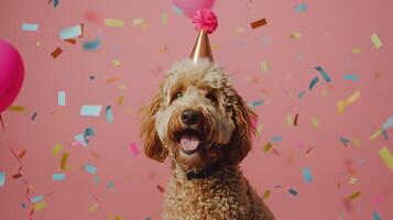 ai gegenereerd een blij en aanbiddelijk labradoodle hond, aandoen een partij hoed, is vieren Bij een verjaardag partij foto