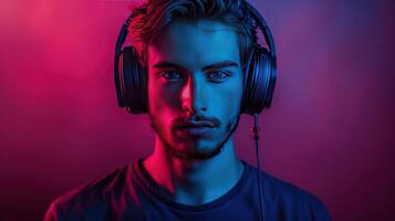 ai gegenereerd knap jong dj in hoofdtelefoons staat Aan een donker neon minimalistisch achtergrond en looks Bij de camera foto