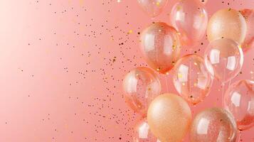 ai gegenereerd kader van goud en transparant opblaasbaar ballonnen met schitteren Aan een minimalistisch roze achtergrond foto