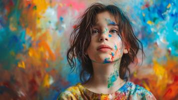 ai gegenereerd een jong artiest diep geconcentreerd Aan schilderen, hun verbeelding spatten kleur aan de overkant de canvas foto