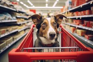 ai gegenereerd een hond in een boodschappen doen kar in een supermarkt op zoek naar de camera foto