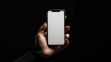 ai gegenereerd detailopname hand- Holding een telefoon met een blanco wit scherm draaide zich om naar de camera. zwart achtergrond foto