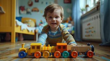 ai gegenereerd een weinig jongen Toneelstukken met een houten gekleurde trein terwijl zittend Aan een houten verdieping in zijn kamer foto