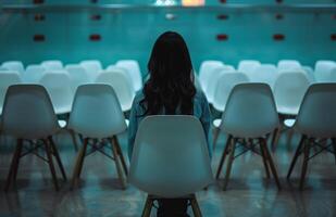 ai gegenereerd een vrouw zittend in een rij van wit stoelen foto