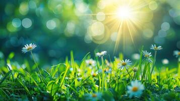 ai gegenereerd mooi minimalistisch natuurlijk voorjaar achtergrond. hieronder Daar is gras en bloemen. zon stralen en bokeh van bovenstaand foto