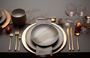 ai gegenereerd grijs avondeten borden met gouden bestek en goud cilinderwerk sets foto