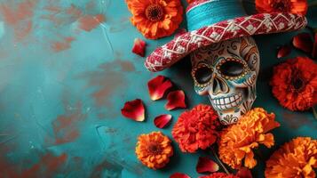 ai gegenereerd een kleurrijk dag van de dood carnaval instelling, met ingewikkeld suiker schedels foto