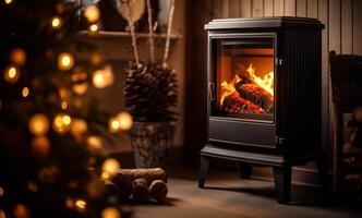 ai gegenereerd verwarming uw huis deze kerstmis, cabinekern, stoffig stapels, plek meten, warme kern foto