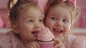 ai gegenereerd een paar- van aanbiddelijk jong meisjes genieten een roze verjaardag koekje samen, uitstralend geluk foto