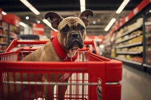 ai gegenereerd een hond is in een boodschappen doen kar terwijl boodschappen doen in een kruidenier op te slaan foto