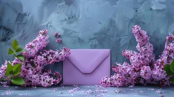 ai gegenereerd een arrangement met een leeg Purper envelop en lief voorjaar lila bloemen reeks tegen een blauw backdrop foto