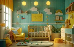 ai gegenereerd baby kamer in groen TV advertentie foto