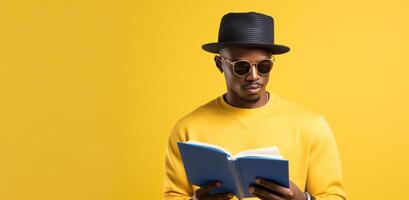 ai gegenereerd een Afrikaanse Amerikaans Mens met zonnebril en een blauw notitieboekje Aan geel achtergrond foto