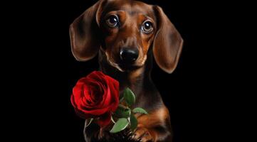 ai gegenereerd een teckel hond Holding een rood bloem foto
