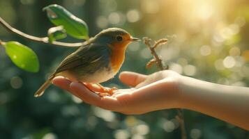 ai gegenereerd een klein hand- voeden een vogel, onderwijs vriendelijkheid en verbinding met allemaal leven wezens. foto