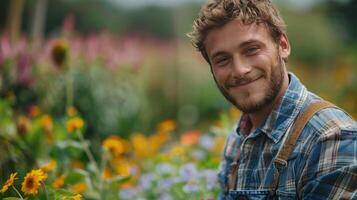 ai gegenereerd jong knap boer in een plaid overhemd en denim overall looks glimlachen Bij de camera foto