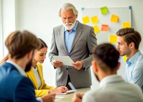 ai gegenereerd senior mentor, zakelijke leraar opleiding. bedrijf trainer foto