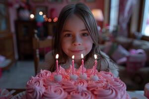 ai gegenereerd gelukkig gekleed omhoog tien jaar oud meisje blazen uit kaarsen Aan helder roze feestelijk verjaardag taart foto