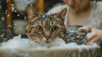 ai gegenereerd een jong vrouw wast een kat in de wastafel. de kat is allemaal nat en gedekt in shampoo schuim foto