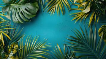 ai gegenereerd tropisch palm bladeren geregeld in een vlak leggen zomer achtergrond met een leeg ruimte foto