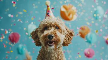 ai gegenereerd een blij en aanbiddelijk labradoodle hond, aandoen een partij hoed, is vieren Bij een verjaardag partij, met confetti vallend in de omgeving van, minimalistische blauw achtergrond foto