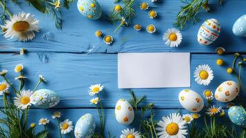 ai gegenereerd een wit blanco plein papier vel leugens Aan een achtergrond van blauw borden foto