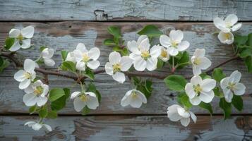 ai gegenereerd bloeiend takken in voorjaar tegen een houten achtergrond, presentatie van appel bloesems foto