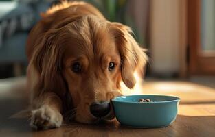 ai gegenereerd hond aan het eten voedsel in blauw kom foto