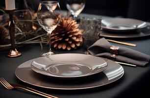 ai gegenereerd een huis avondeten tafel, grijs en bronzen met elementen van papier en ambachtelijke kern foto
