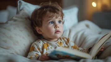 ai gegenereerd een jong kind in pyjama, aandachtig luisteren naar een bedtijd verhaal, geboeid door verhalen van avontuur foto