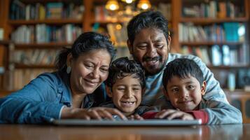 ai gegenereerd Latijns ouders en hun twee kinderen zijn gelukkig innemend in online vermaak Aan een laptop foto