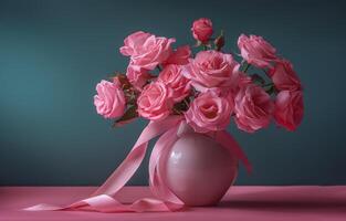 ai gegenereerd roze rozen in vaas en roze lint foto